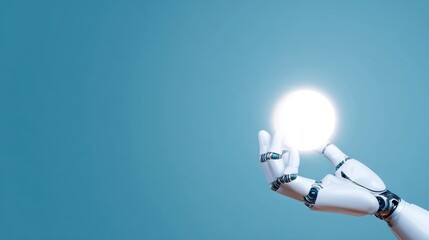 Poster - Robotic hand reaching out to hold a glowing orb against a blue background, symbolizing innovation