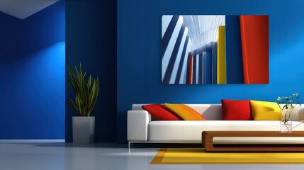 Poster - Modern living room with colorful decor, vibrant walls, and a contemporary art piece displayed