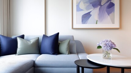 Poster - Cozy living room with a stylish blue sofa, decorative pillows, and a floral centerpiece