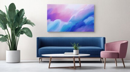 Poster - Abstract wall art in modern living room with blue sofa, pink chair, and indoor plants