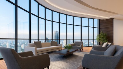 Poster - Modern office interior with large windows showcasing a city skyline and serene atmosphere
