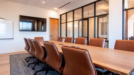 Aufkleber - Modern conference room with wooden table, leather chairs, and large screen for presentations