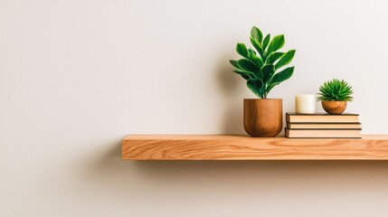 Poster - A minimalist wooden shelf displaying potted plants, candles, and stacked books in a neutral setting