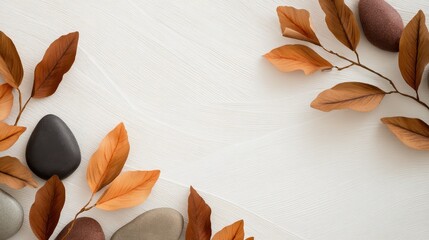Poster - Autumn leaves and smooth stones arranged artistically on a textured background for decor