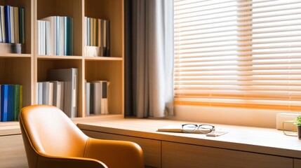 Poster - Cozy home office with wooden desk, orange chair, and sunlight filtering through blinds