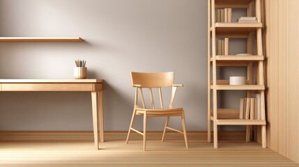 Poster - Modern minimalist interior featuring a wooden chair and desk with a bookshelf in a serene setting