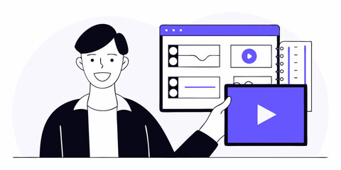Fototapete - A man presenting a video player and charts on a screen, depicting data analysis and business presentations for web design.