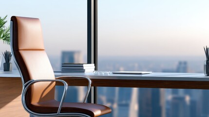 Poster - Modern office workspace with a view of the city skyline, featuring a sleek desk and chair