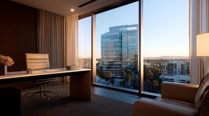 Poster - Modern office interior with a sleek desk and city skyline view during sunset