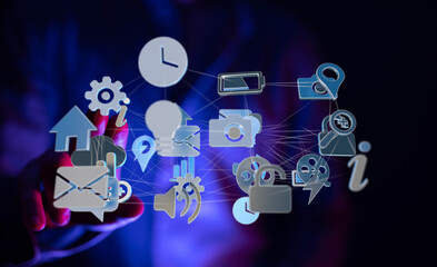 Poster - Hand interacting with digital icons, network, technology, connection, communication, global