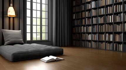 Poster - Cozy reading nook with a plush cushion, open book, and a well-stocked bookshelf in a modern room