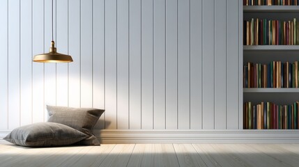 Poster - Cozy reading nook with cushions and a warm light illuminating a bookshelf in a serene room