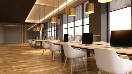 Poster - Modern office interior with wooden flooring, large windows, and stylish lighting fixtures