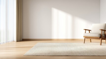 Poster - Cozy modern living room featuring a stylish armchair and soft rug, illuminated by natural light