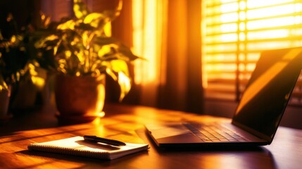 Poster - Cozy workspace with a laptop, notebook, and pen illuminated by warm sunlight through blinds