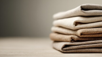 Poster - Stacked Neutral Fabric Textiles on a Wooden Surface with Soft Lighting and Minimalist Background