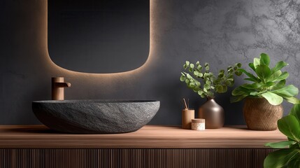 Poster - Modern bathroom interior featuring a stone sink, plants, and ambient lighting on a wooden countertop