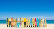 © Visual Verse - Surfboards lined up on beach for surfing lessons and rental on a sunny day