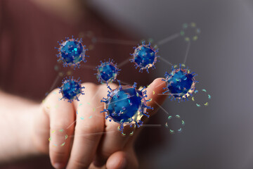 Poster - Image of a hand interacting with a 3D model of a coronavirus network. Ideal for medical research, science, and technolog