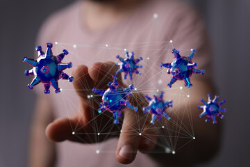 Poster - Abstract image of a person interacting with a network of digital viruses.  Perfect for tech, health, or science concepts
