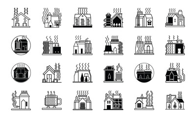 Poster - Collection of minimalist black and white illustrations depicting various heating systems and industrial chimneys for home use