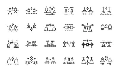 Poster - Vector icons depicting electricity generation power transmission and renewable energy sources in simple line art