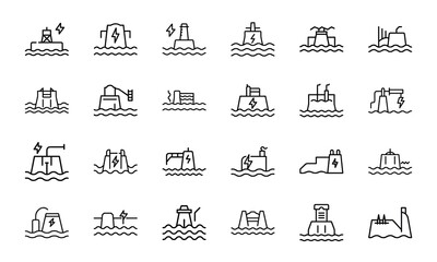 Poster - Vector icons representing different types of hydroelectric power plants in a minimalist black and white design, illustrating renewable energy.