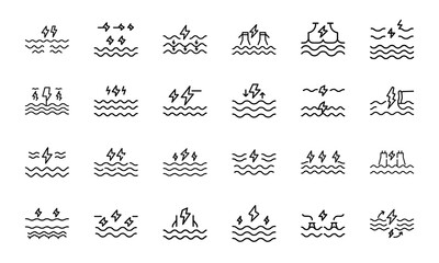 Poster - Collection of black and white stylized vector icons representing different electrical storm concepts on the water surface
