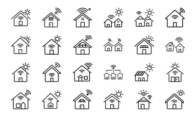 Poster - Collection of modern minimalist house icons showing smart home technology wireless internet solar power and environmental consciousness