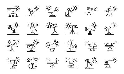Poster - Set of minimalistic solar energy icons representing photovoltaic panels and sunlight energy conversion in renewable energy illustrations