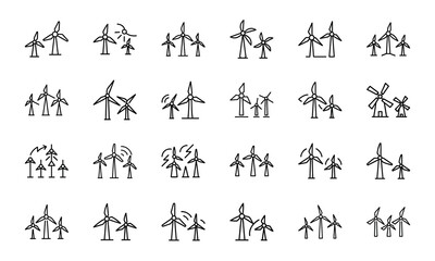 Poster - Collection of stylized wind turbine icons representing clean energy and sustainable power sources for design