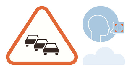 Poster - Triangular traffic sign with cars indicating congestion paired with head silhouette using voice control, highlighting cloud interaction. Ideal for road safety, navigation, AI, communication