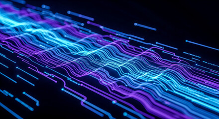 Aufkleber - Abstract digital landscape with glowing plexus network, futuristic technology background with connected data points, blue and purple web structure visualization