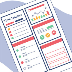 Poster - Modern flat design illustration of a time tracker document with charts graphs and checklist items for productivity and task management