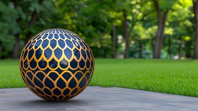 Dark Blue Sphere with Golden Geometric Pattern in a Green Park Setting