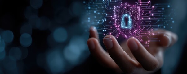 Poster - A hand holding a glowing digital shield icon representing cybersecurity concepts