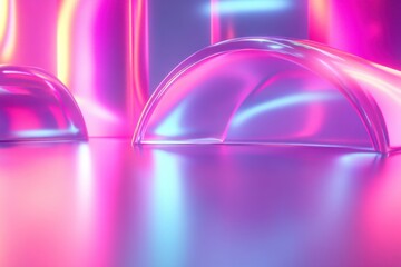 Poster - Bright glass and neon light reflections on smooth surface with curved shapes in vibrant colors, Glass and neon light surface able 3D Render
