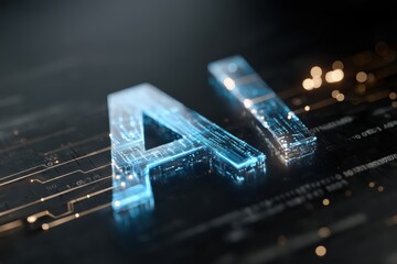Poster - Futuristic digital AI logo with glowing circuits on dark background