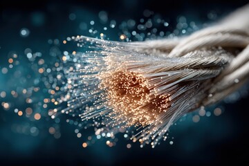 Poster - Close-up of fiber optic cables glowing with light on a dark background