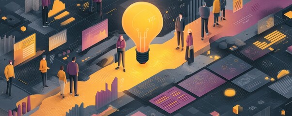 Poster - Teamwork and Innovation Depicted by Isometric Lightbulb and Connected Workers