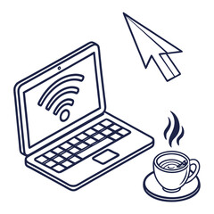 Fototapete - A minimalist line art illustration of a laptop displaying a wi fi symbol a computer cursor and a steaming cup of coffee on a saucer representing remote work and digital connectivity