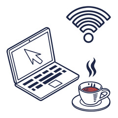 Fototapete - A simple line drawing of a laptop with a cursor on the screen a wi fi symbol and a steaming cup of coffee on a saucer representing remote work or study