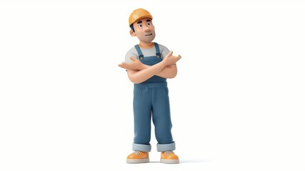 Poster - Animated Builder Character with Arms Crossed, Posing on White Background