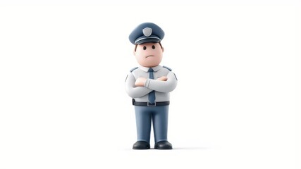Poster - Animated Cartoon Police Officer with Crossed Arms, Isolated on White
