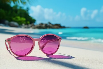 Wall Mural - Pink sunglasses on sandy beach capture the essence of summer vacation and relaxation under the sun, pink sunglasses on beach with summer vacation background