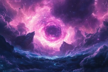 Poster - Cosmic vortex emerges among swirling clouds in a vibrant night sky full of purple and blue hues, Loading Screen Website, Generic Design