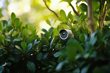 Aufkleber - Surveillance device hidden in green bushes for enhanced yard security, Yard surveillance camera in the bushes close up