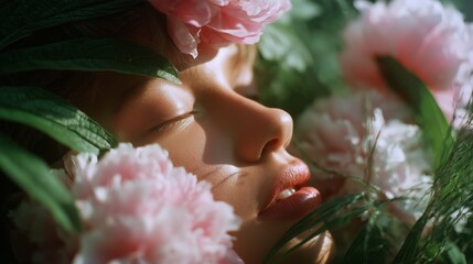 Poster - Beauty reflected in nature with a serene face surrounded by flowers in lush greenery during daylight