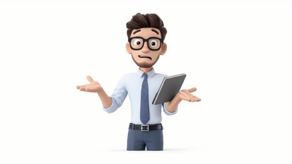 Poster - Confused 3D Cartoon Businessman Shrugging with Tablet on White Background