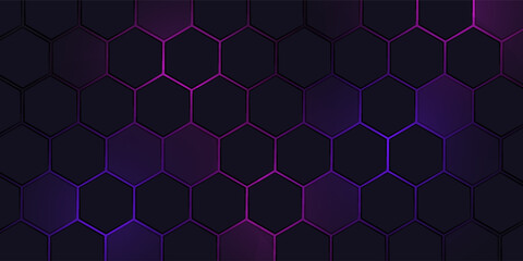 Poster - Dark hexagon abstract technology background with purple and pink colored bright flashes under hexagon.